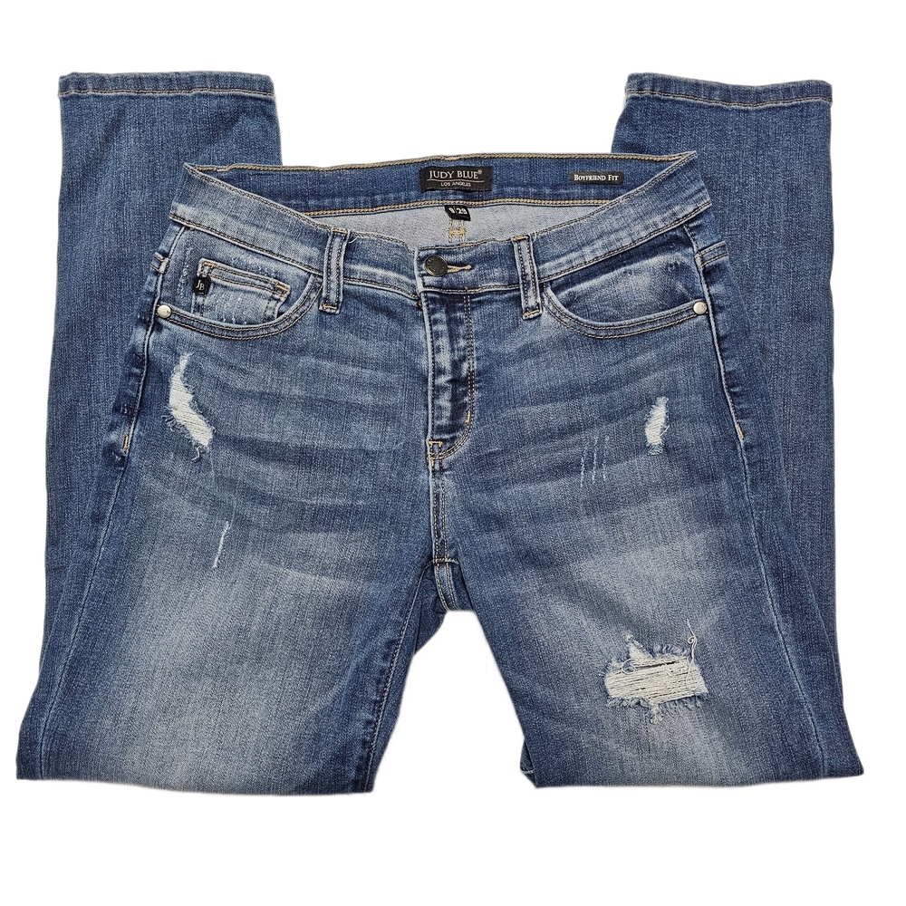 Judy Blue Women's 9/29 Mid-rise Blue Denim Boyfriend Fit Distressed Jeans